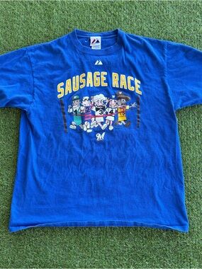 Vintage Majestic Milwaukee Brewers Sausage Race T Shirt Blue XL